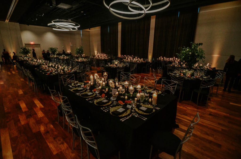 The Exchange ballroom set up for a plated dinner