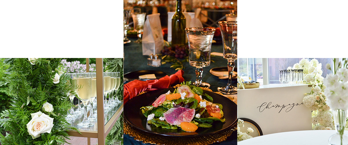 Array of three photos showing bar and champagne set-ups at a catered event by Cameron Mitchell Premier Events.