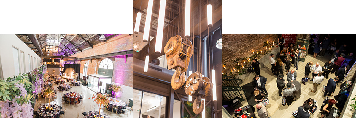 Trio of views of event set-ups at The Stack at Municipal Light Plant in Columbus, Ohio.